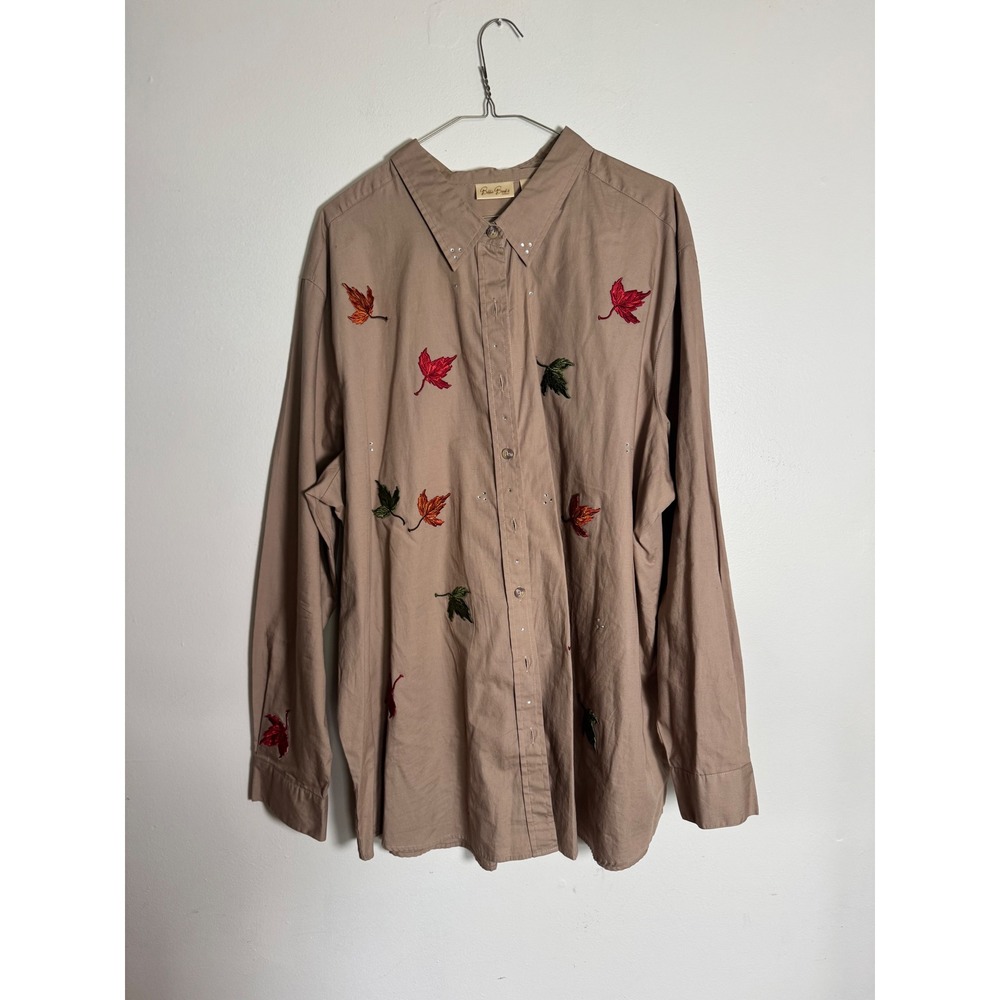 Bobbie Brooks Woman Tan Embroidered Fall Leaves Button Down Shirt Plus 22W 24W